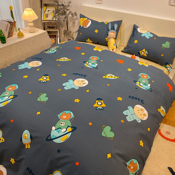 91家纺网 家纺一手货源 找家纺 琪格格 2022新款全棉加厚磨毛四件套 宇宙流量熊蓝