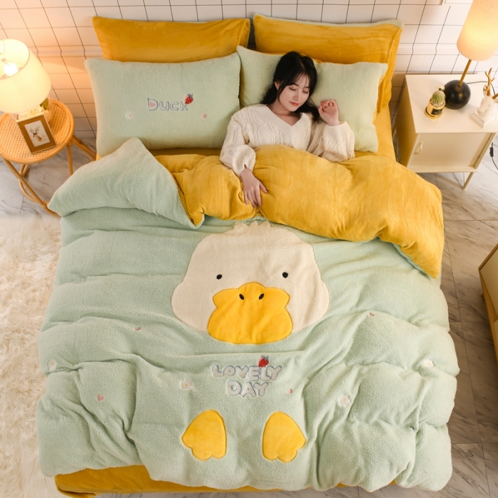 91家纺网 家纺一手货源 找家纺 朗莎家纺 2020新款羊羔绒法兰绒四件套 淘气鸭-湖蓝