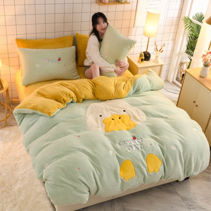 91家纺网 家纺一手货源 找家纺 朗莎家纺 2020新款羊羔绒法兰绒四件套 淘气鸭-湖蓝