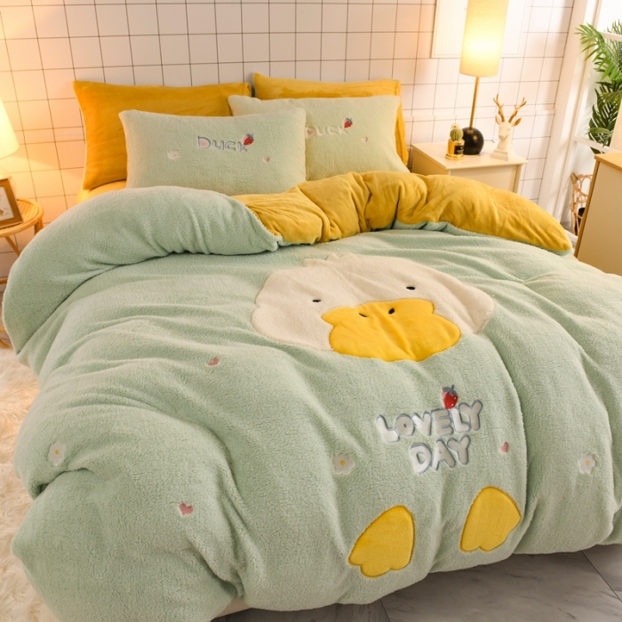 91家纺网 家纺一手货源 找家纺 朗莎家纺 2020新款羊羔绒法兰绒四件套 淘气鸭-湖蓝