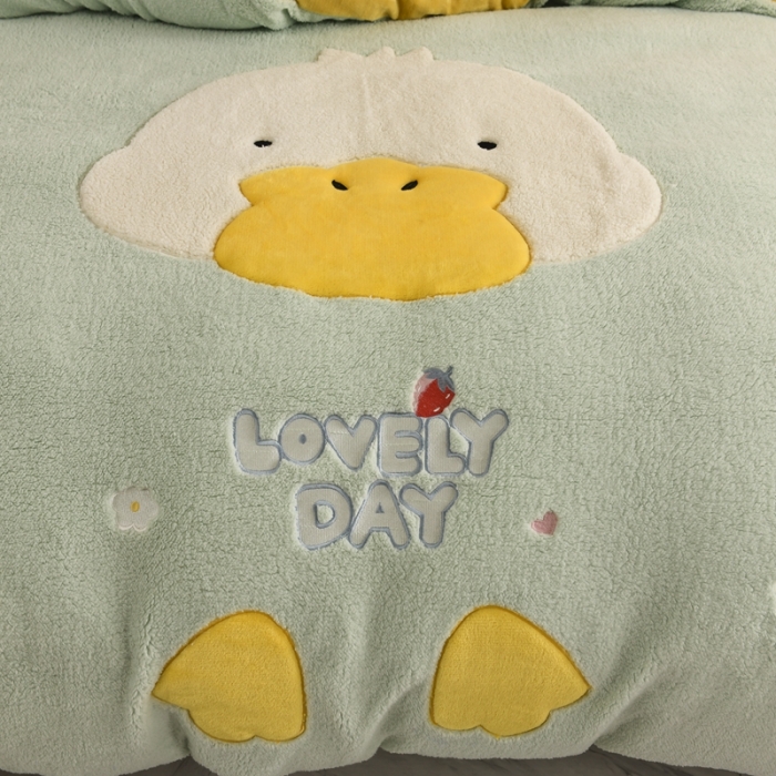 91家纺网 家纺一手货源 找家纺 朗莎家纺 2020新款羊羔绒法兰绒四件套 淘气鸭-湖蓝