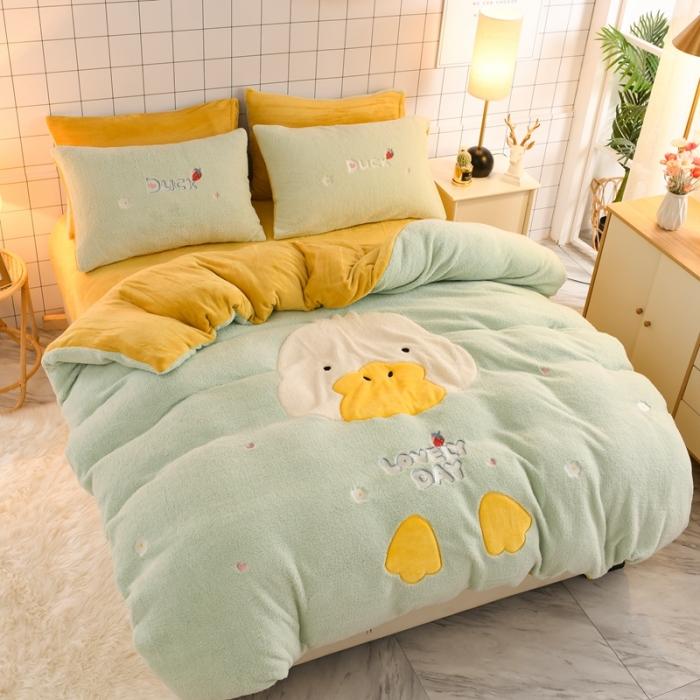 91家纺网 家纺一手货源 找家纺 朗莎家纺 2020新款羊羔绒法兰绒四件套 淘气鸭-湖蓝