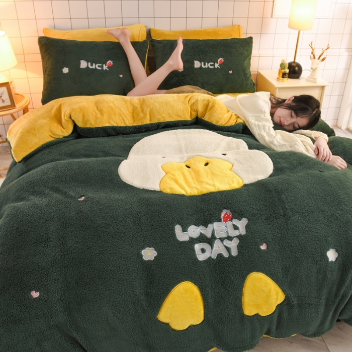 91家纺网 家纺一手货源 找家纺 朗莎家纺 2020新款羊羔绒法兰绒四件套 淘气鸭-墨绿