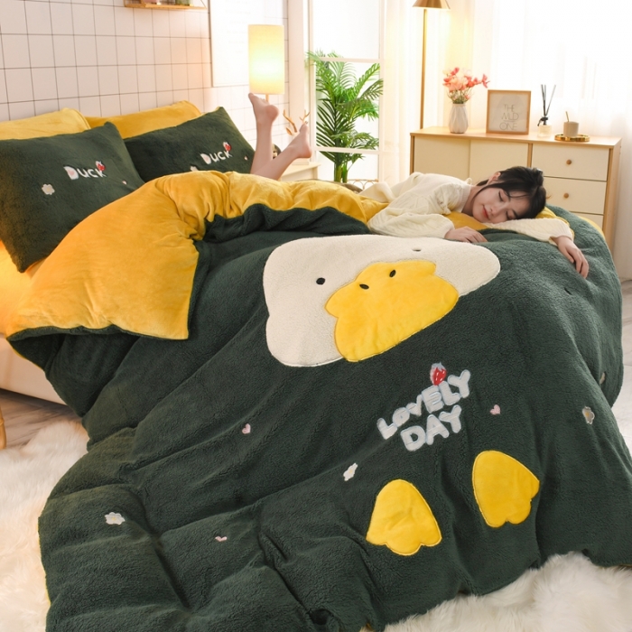 91家纺网 家纺一手货源 找家纺 朗莎家纺 2020新款羊羔绒法兰绒四件套 淘气鸭-墨绿