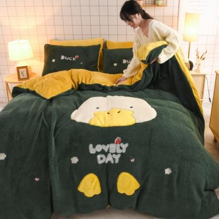 朗莎家纺 2020新款羊羔绒法兰绒四件套 淘气鸭-墨绿