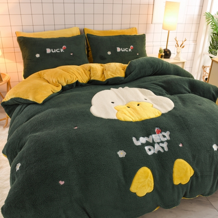 91家纺网 家纺一手货源 找家纺 朗莎家纺 2020新款羊羔绒法兰绒四件套 淘气鸭-墨绿