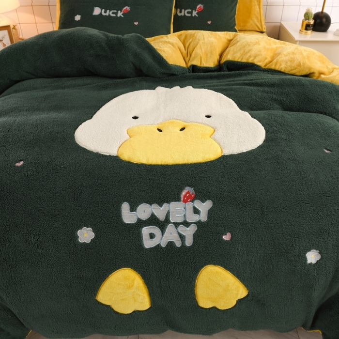 91家纺网 家纺一手货源 找家纺 朗莎家纺 2020新款羊羔绒法兰绒四件套 淘气鸭-墨绿