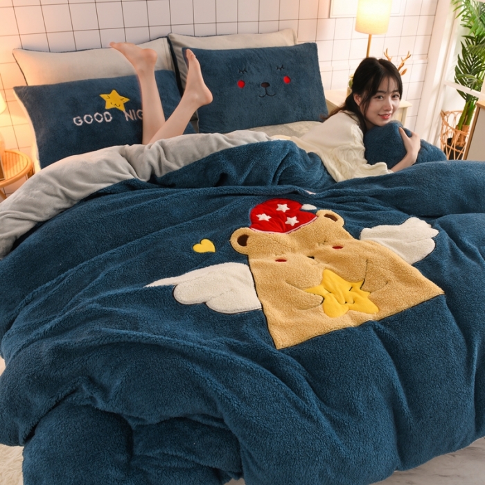 91家纺网 家纺一手货源 找家纺 朗莎家纺 2020新款羊羔绒法兰绒四件套 天使熊-宾利蓝