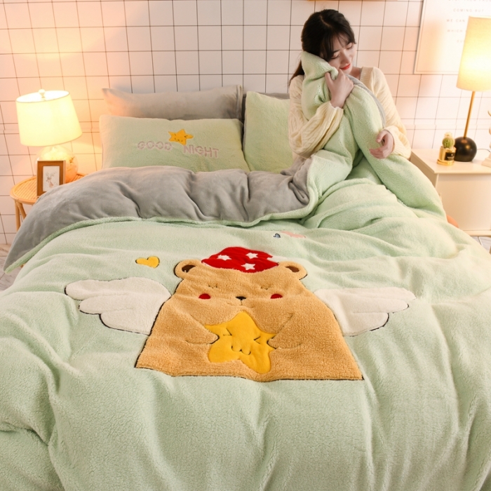 91家纺网 家纺一手货源 找家纺 朗莎家纺 2020新款羊羔绒法兰绒四件套 天使熊-湖蓝