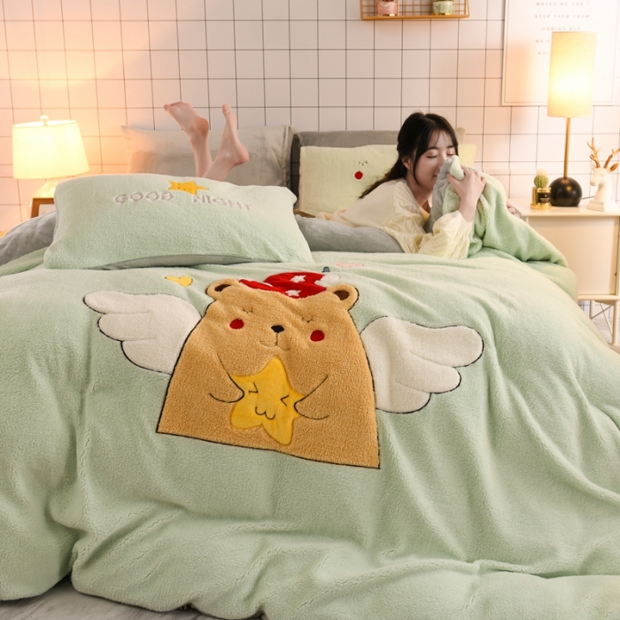 91家纺网 家纺一手货源 找家纺 朗莎家纺 2020新款羊羔绒法兰绒四件套 天使熊-湖蓝