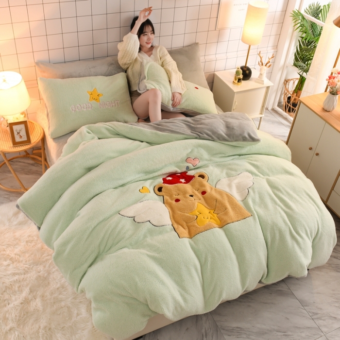 91家纺网 家纺一手货源 找家纺 朗莎家纺 2020新款羊羔绒法兰绒四件套 天使熊-湖蓝