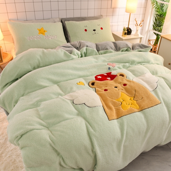 91家纺网 家纺一手货源 找家纺 朗莎家纺 2020新款羊羔绒法兰绒四件套 天使熊-湖蓝