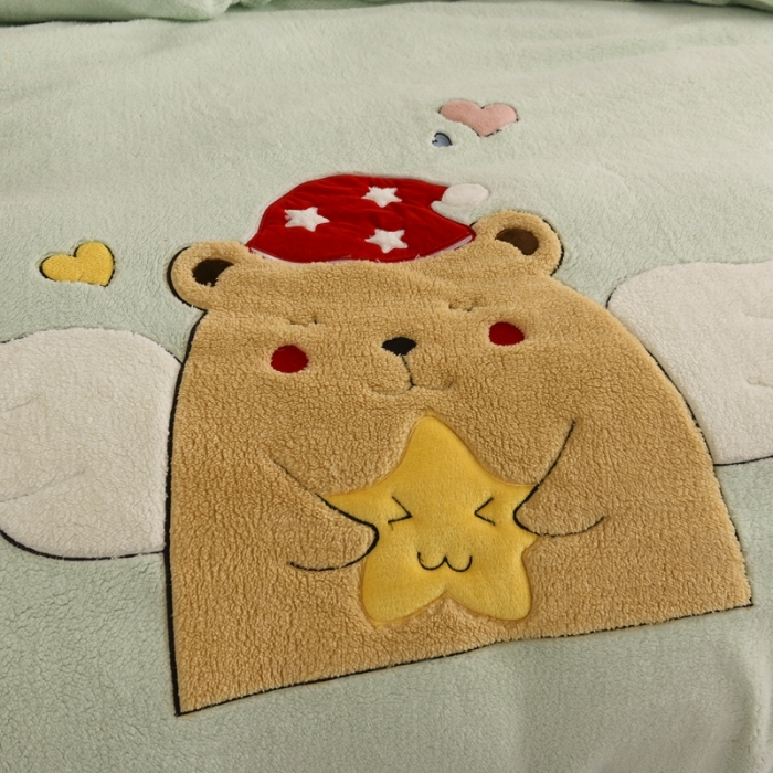 91家纺网 家纺一手货源 找家纺 朗莎家纺 2020新款羊羔绒法兰绒四件套 天使熊-湖蓝