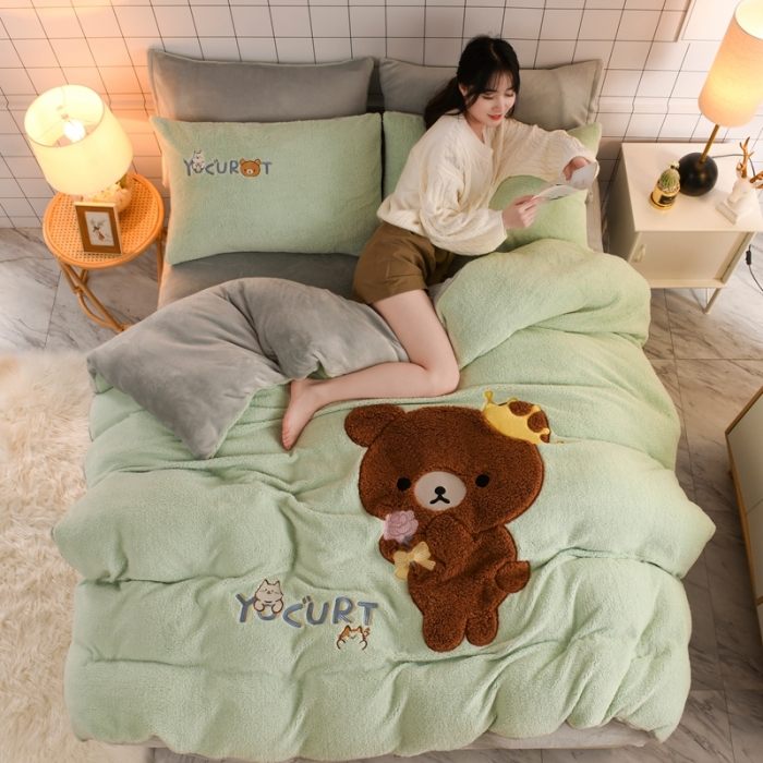 91家纺网 家纺一手货源 找家纺 朗莎家纺 2020新款羊羔绒法兰绒四件套 玩具熊-湖蓝