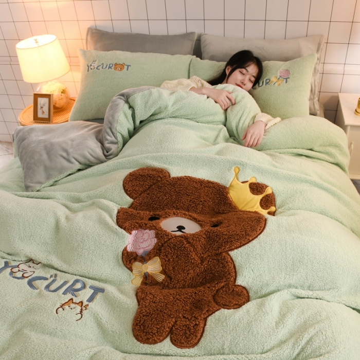 91家纺网 家纺一手货源 找家纺 朗莎家纺 2020新款羊羔绒法兰绒四件套 玩具熊-湖蓝