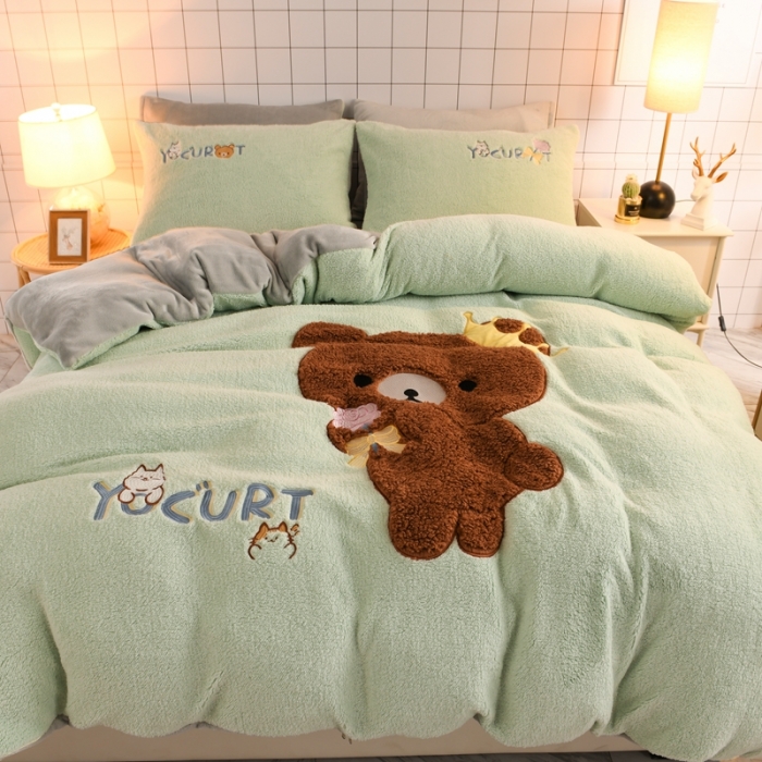 91家纺网 家纺一手货源 找家纺 朗莎家纺 2020新款羊羔绒法兰绒四件套 玩具熊-湖蓝