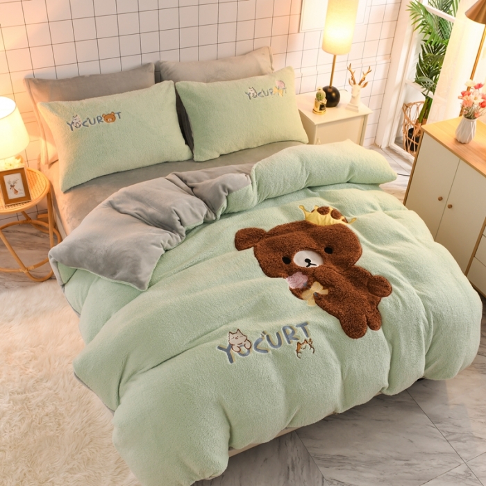 91家纺网 家纺一手货源 找家纺 朗莎家纺 2020新款羊羔绒法兰绒四件套 玩具熊-湖蓝