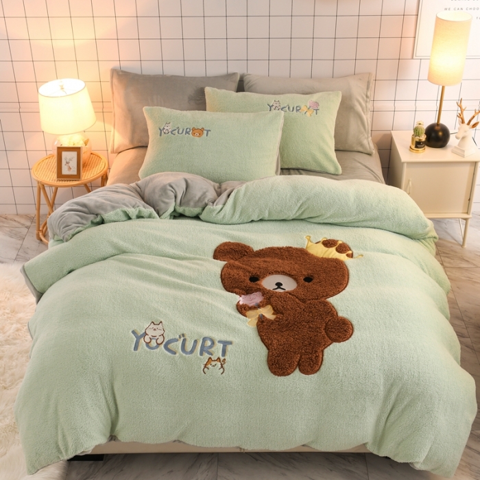 91家纺网 家纺一手货源 找家纺 朗莎家纺 2020新款羊羔绒法兰绒四件套 玩具熊-湖蓝