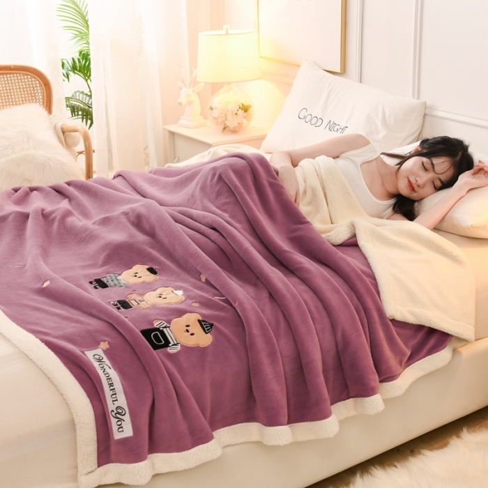 91家纺网 家纺一手货源 找家纺 朗莎家纺 2020新款羊羔绒+牛奶绒毛毯 三只小熊-紫