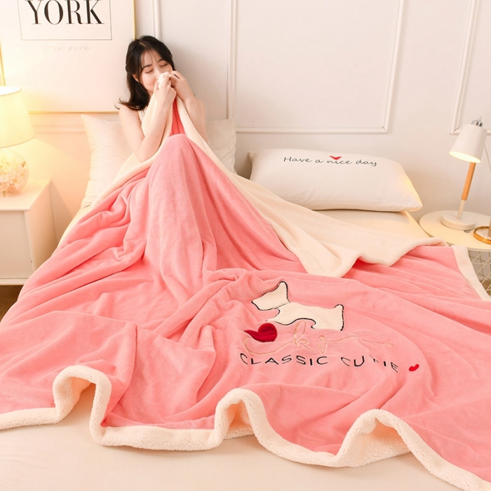 91家纺网 家纺一手货源 找家纺 朗莎家纺 2020新款羊羔绒+牛奶绒毛毯 神奇狗-粉