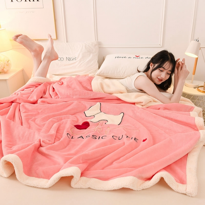 91家纺网 家纺一手货源 找家纺 朗莎家纺 2020新款羊羔绒+牛奶绒毛毯 神奇狗-粉