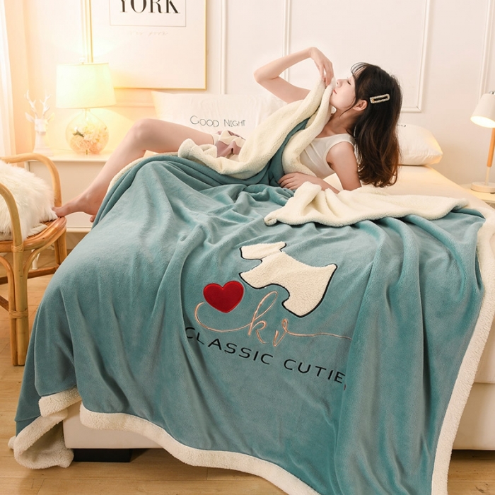 91家纺网 家纺一手货源 找家纺 朗莎家纺 2020新款羊羔绒+牛奶绒毛毯 神奇狗-湖蓝