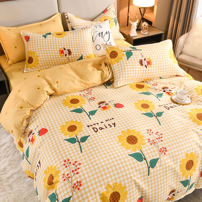 91家纺网 家纺一手货源 找家纺 赫然130g生态长绒棉贡棉植物羊绒加厚斜纹磨毛四件套向阳花开