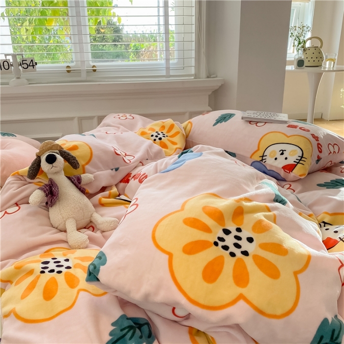 91家纺网 家纺一手货源 找家纺 棉眠 2020新款秋冬卡通牛奶绒四件套 花花猫