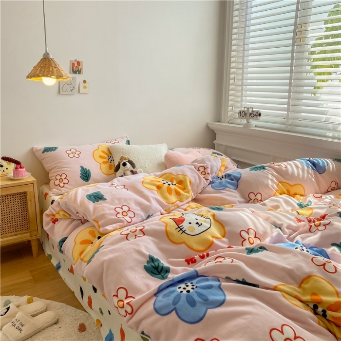 91家纺网 家纺一手货源 找家纺 棉眠 2020新款秋冬卡通牛奶绒四件套 花花猫