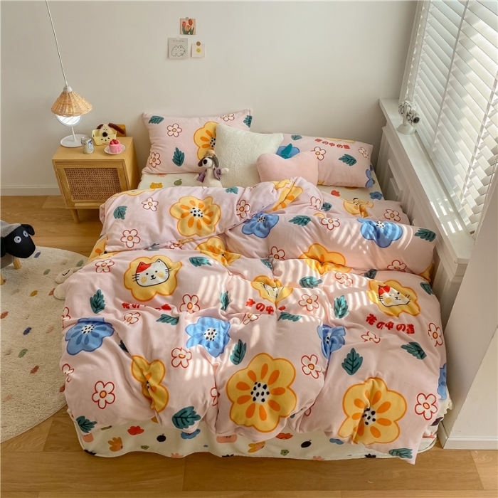 91家纺网 家纺一手货源 找家纺 棉眠 2020新款秋冬卡通牛奶绒四件套 花花猫