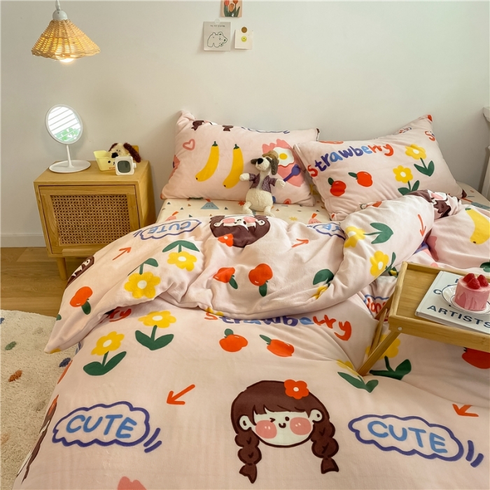 91家纺网 家纺一手货源 找家纺 棉眠 2020新款秋冬卡通牛奶绒四件套 甜心女孩