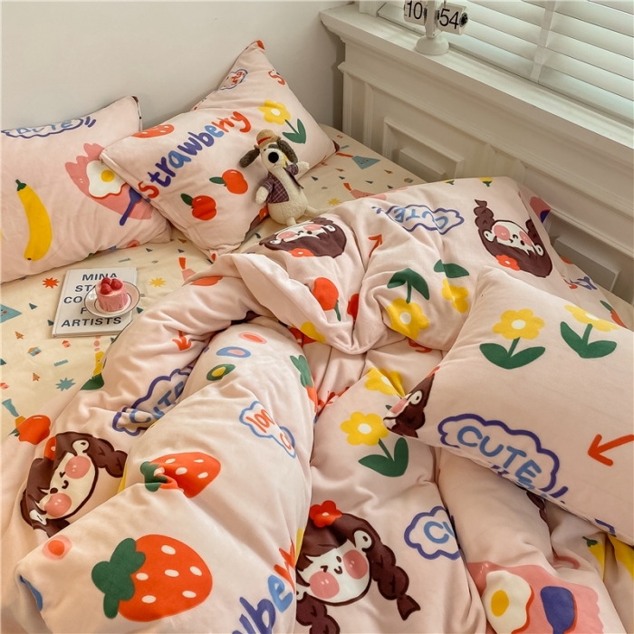 91家纺网 家纺一手货源 找家纺 棉眠 2020新款秋冬卡通牛奶绒四件套 甜心女孩