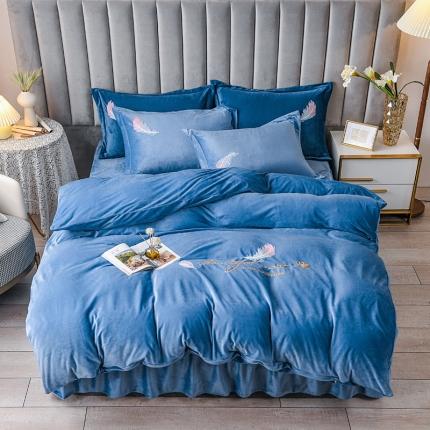 金米诺 2020新款宝宝绒绣花四件套 湖蓝