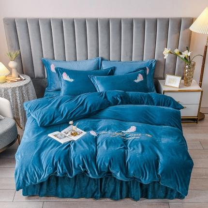 金米诺 2020新款宝宝绒绣花四件套 雾蓝