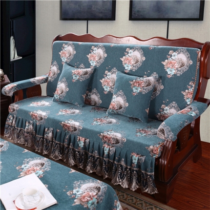 欧夏家纺2020款花型加厚雪尼尔沙发套实木沙发垫如意花开蓝色