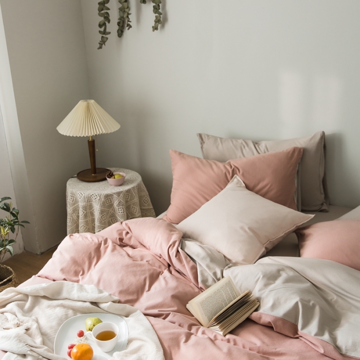 91家纺网 家纺一手货源 找家纺 原研家居 2020新款全棉针织棉纯色系列四件套 浅豆沙米咖