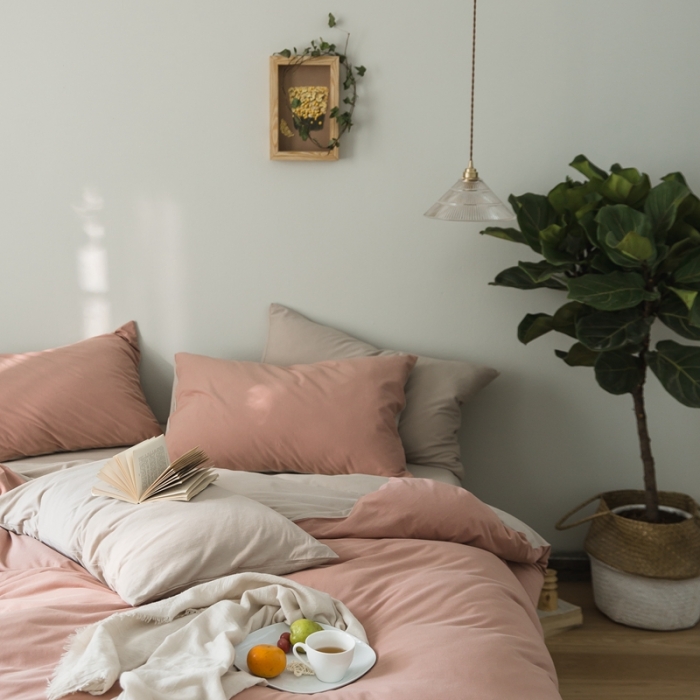 91家纺网 家纺一手货源 找家纺 原研家居 2020新款全棉针织棉纯色系列四件套 浅豆沙米咖