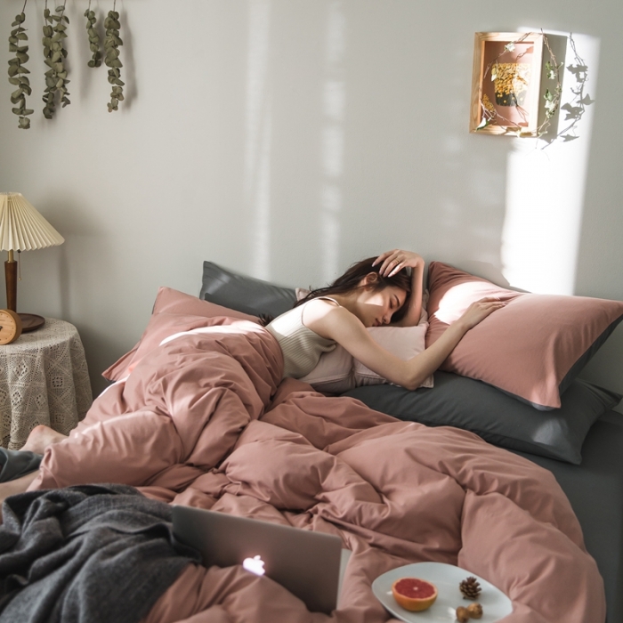 91家纺网 家纺一手货源 找家纺 原研家居 2020新款全棉针织棉纯色系列四件套 浅豆沙中灰