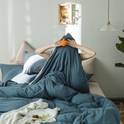 原研家居 2020新款全棉针织棉纯色系列四件套 雾霾蓝米咖