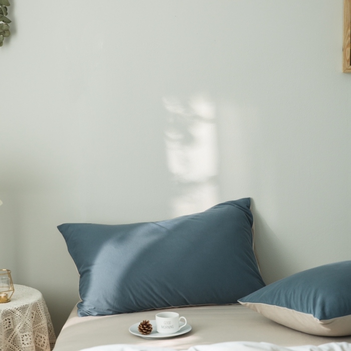 91家纺网 家纺一手货源 找家纺 原研家居 2020全棉针织棉纯色系列单枕套一对 雾霾蓝米咖