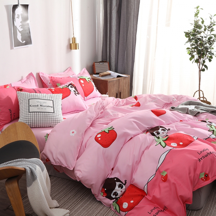 91家纺网 家纺一手货源 找家纺 乐居坊 2020新款简约小清新芦荟棉四件套 草莓伴侣