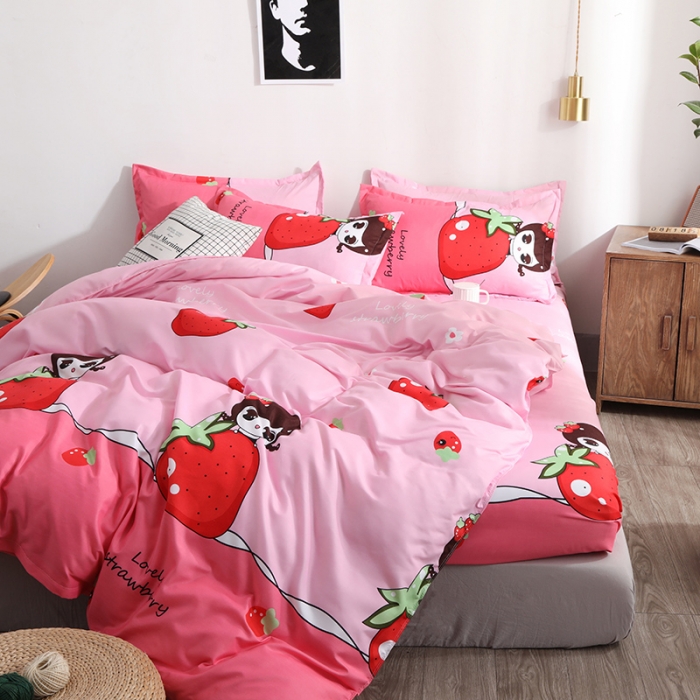 91家纺网 家纺一手货源 找家纺 乐居坊 2020新款简约小清新芦荟棉四件套 草莓伴侣