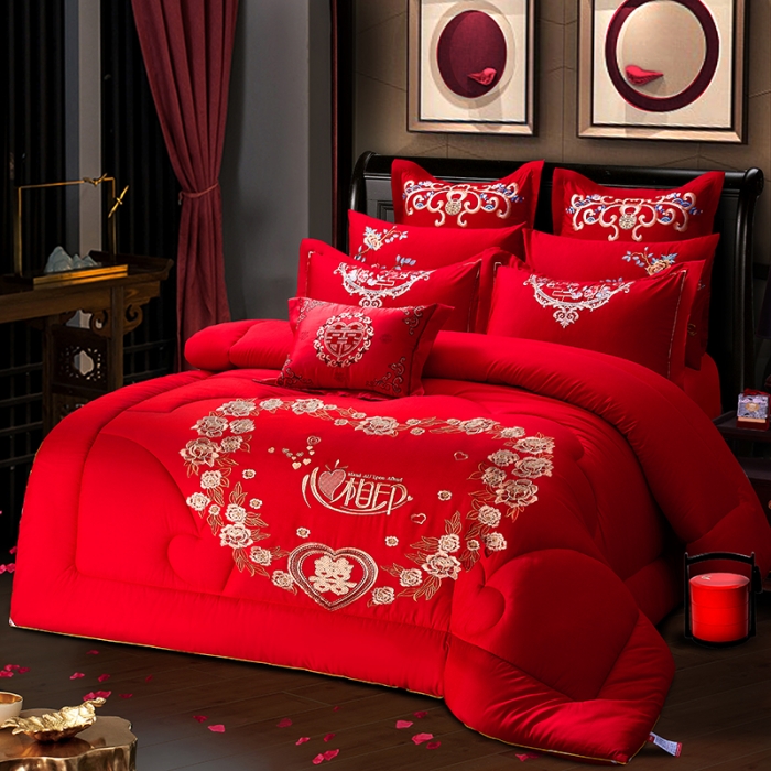 91家纺网 家纺一手货源 找家纺 玉雅 婚庆磨毛绣花大豆春秋被冬被喜被被芯含包装袋 爱情禧事