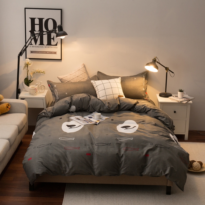 91家纺网 家纺一手货源 找家纺 乐居坊 2020新款简约小清新芦荟棉四件套 乐萌熊（灰）