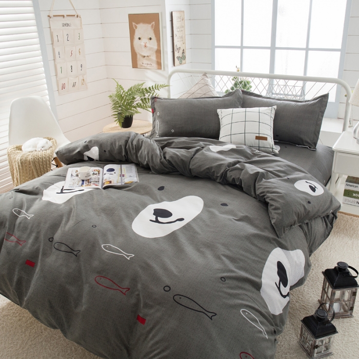 91家纺网 家纺一手货源 找家纺 乐居坊 2020新款简约小清新芦荟棉四件套 乐萌熊（灰）