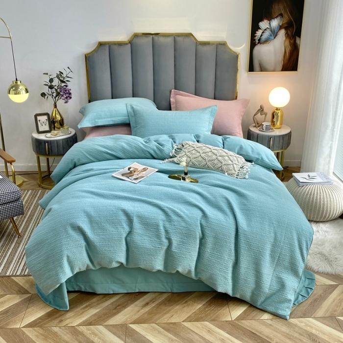 91家纺网 家纺一手货源 找家纺 三沁家居 2023新款华夫格立体提花磨毛保暖四件套 遇见-湖蓝