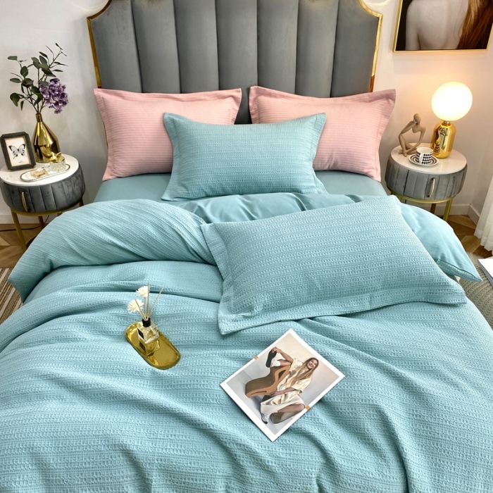 91家纺网 家纺一手货源 找家纺 三沁家居 2023新款华夫格立体提花磨毛保暖四件套 遇见-湖蓝