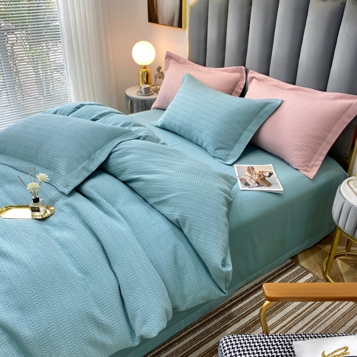 91家纺网 家纺一手货源 找家纺 三沁家居 2023新款华夫格立体提花磨毛保暖四件套 遇见-湖蓝