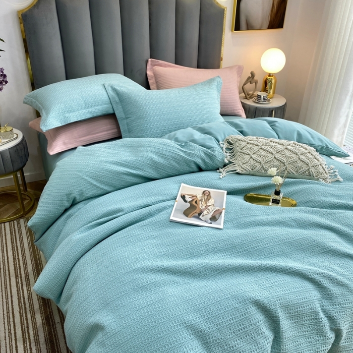 91家纺网 家纺一手货源 找家纺 三沁家居 2023新款华夫格立体提花磨毛保暖四件套 遇见-湖蓝