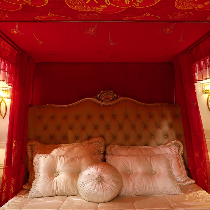 91家纺网 家纺一手货源 找家纺 艾晶美家纺 2021新款四季款豪华双杆双层蚊帐床幔 百年好合